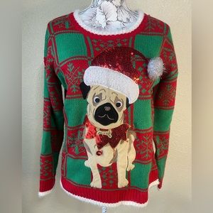 33 degrees Christmas pug‎ ugly sweater, red and green, sequins, size medium
